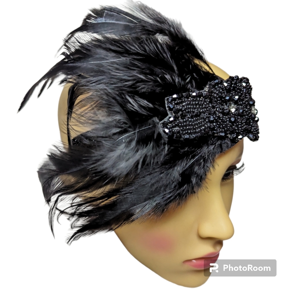 1920s Flapper Headpiece Beaded Rhinestone & Feathers Black Costume
